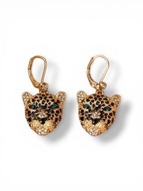 Gold Leopard Head Drop Earrings with Green Crystal Eyes